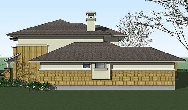 House plan exterior. Two-story building with a hipped roof, brick wainscoting, and a prominent chimney.
