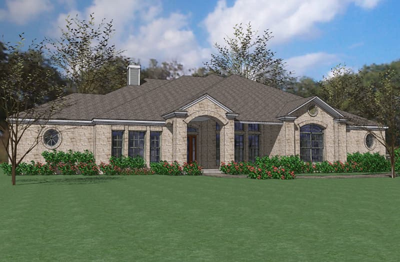 House plan exterior, single-story home with arched entryway, stone facade, and circular windows.