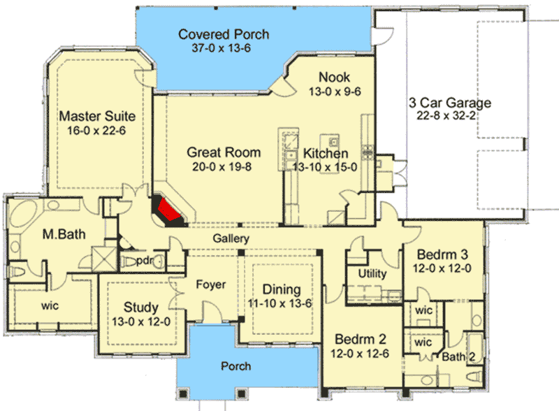 Plan 16818WG: One Level Living Three Ways - Floor Plan - Main Level - Ranch, Southern