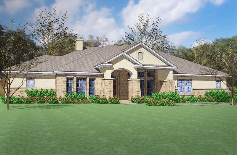 House plan exterior rendering of a one-story home with stone accents, arched entryway, and multiple gables.