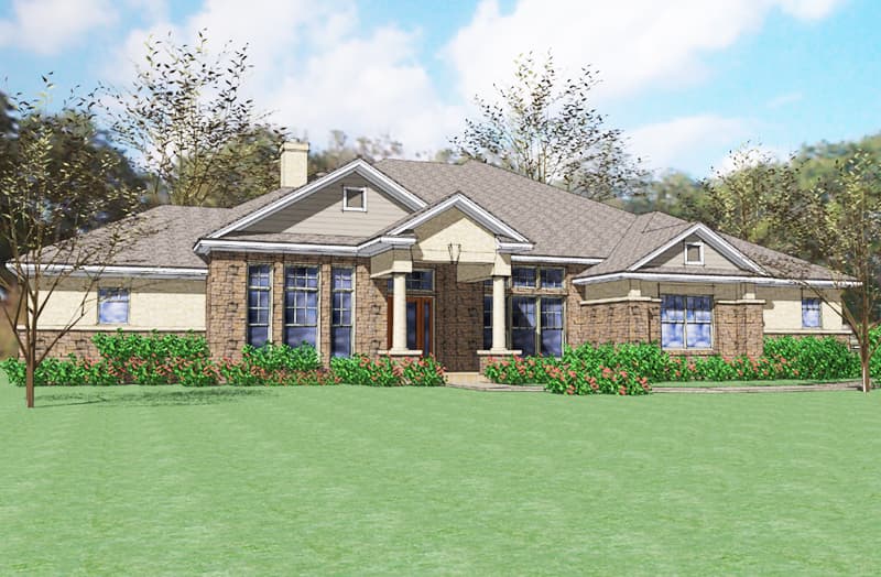 House plan exterior: single-story home with stone accents, a covered entry with columns, and multiple gables.