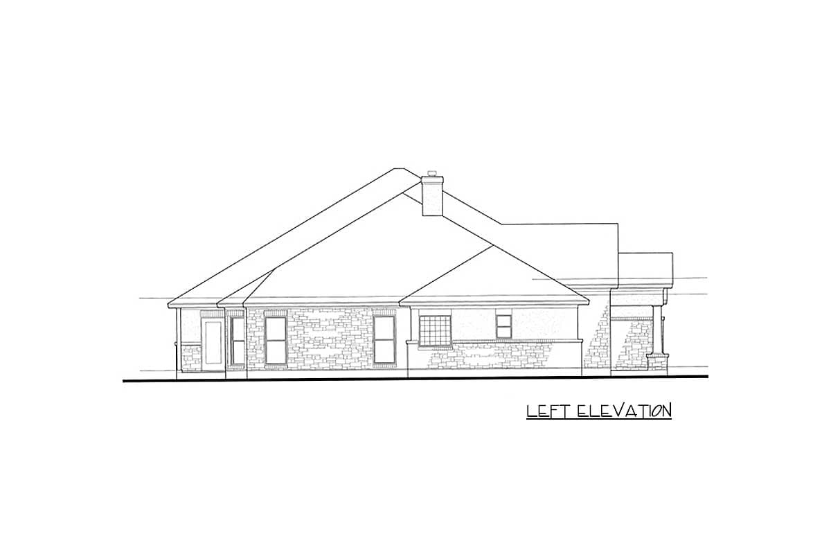 Left elevation drawing of a house plan with stone facade, gabled roof, chimney, and covered entry.