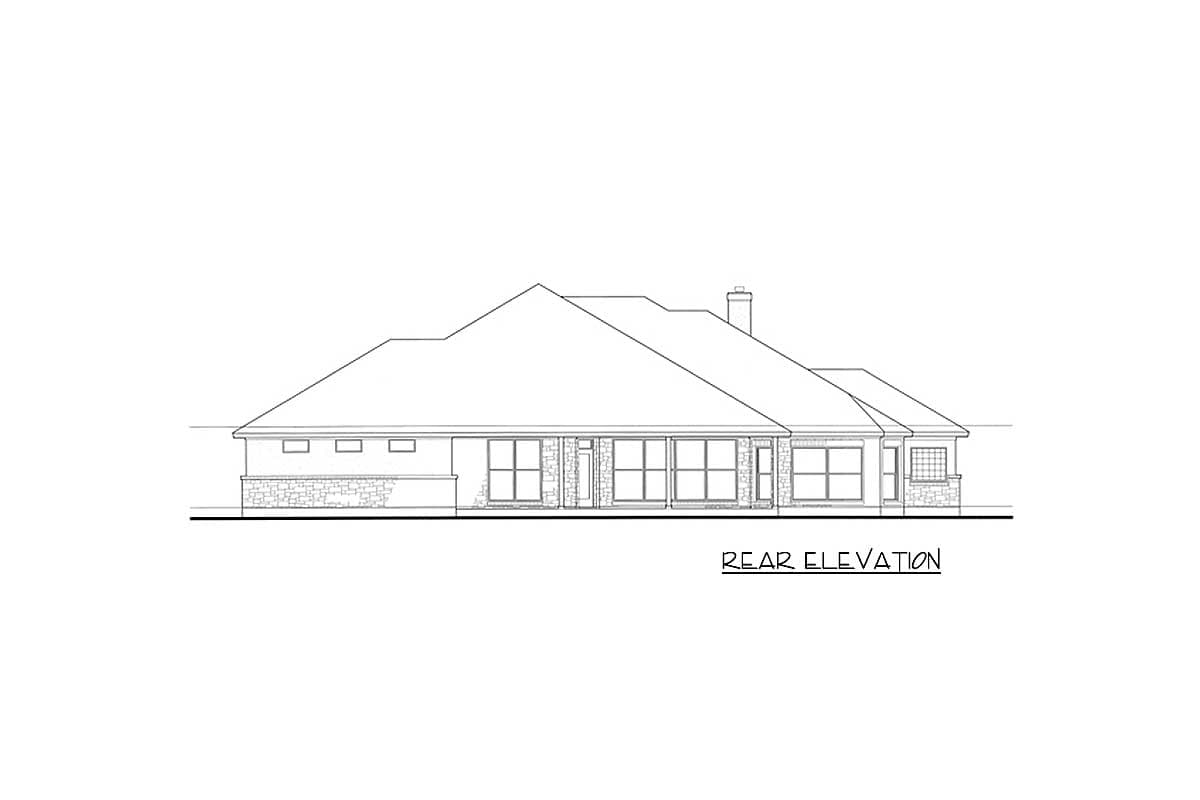 Rear elevation drawing of a house plan with a prominent roofline, multiple windows, and stone accents.