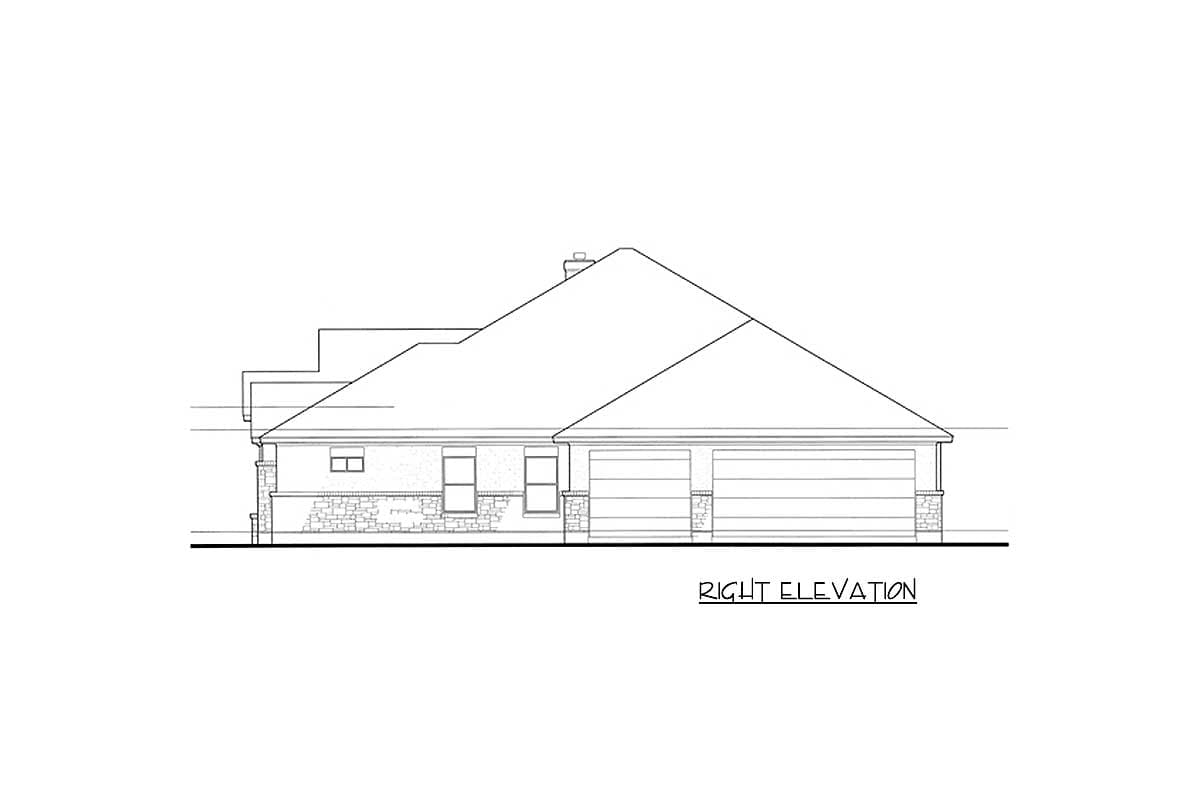Right elevation house plan showing a single-story home with a hip roof, two garage doors, and stone accents.
