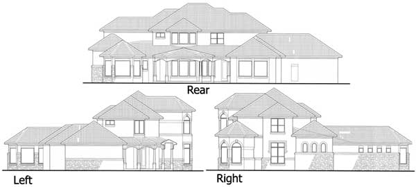 House plan elevations showing rear, left, and right views. Features include multiple gables, stone accents, and a covered entryway.