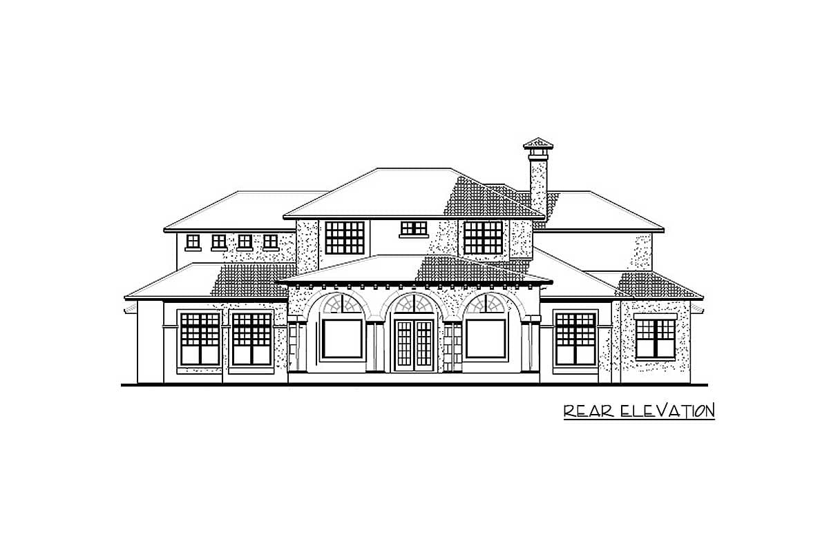 Rear elevation house plan with arched entry, multiple gables, dormers, and a chimney.