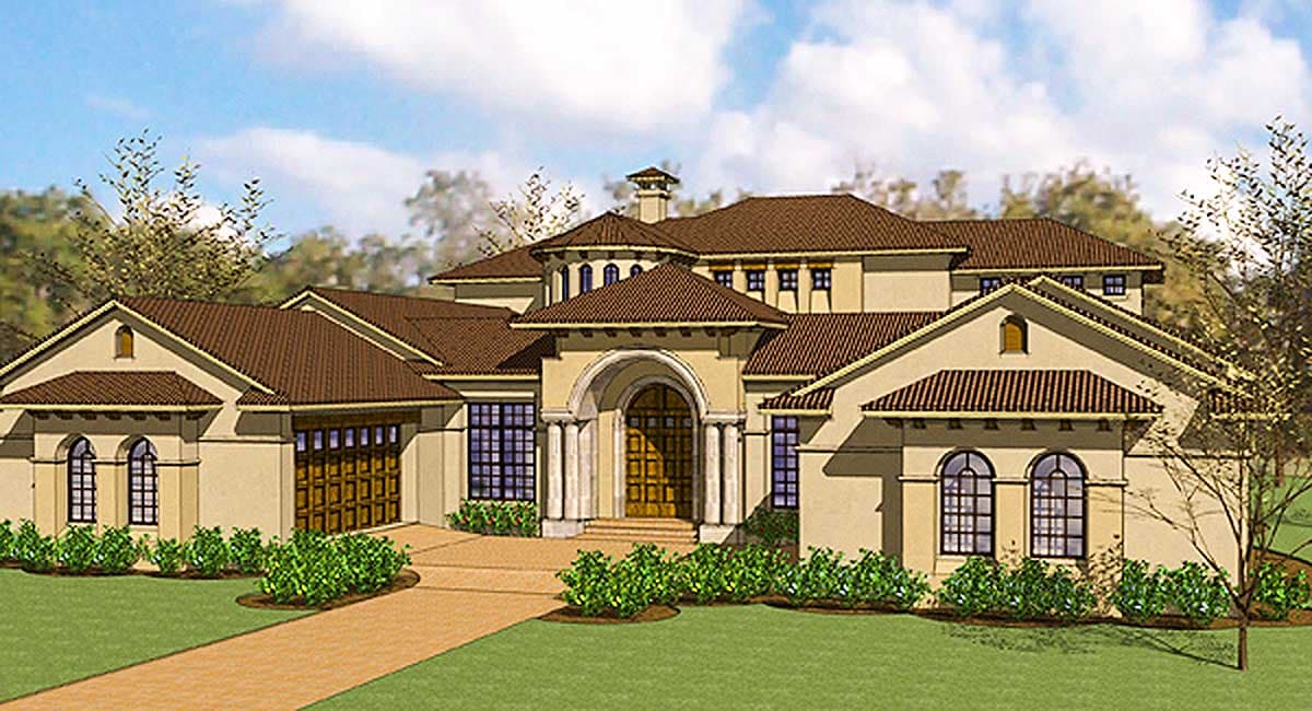 House plan exterior in a Mediterranean style, featuring a two-story design, arched entry, multiple gables, and tile roof.