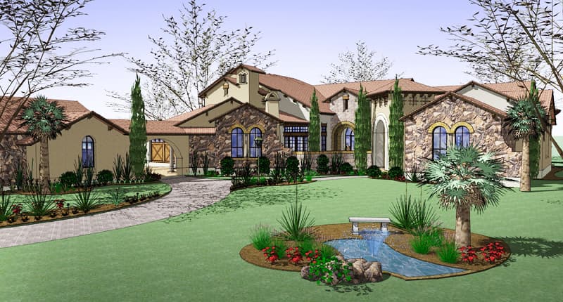 House plan exterior rendering. Mediterranean style with stone accents, arched windows, clay tile roof, and courtyard entrance.