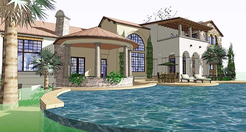 House plan exterior with a rotunda, arched windows, stone chimney, and a pool.