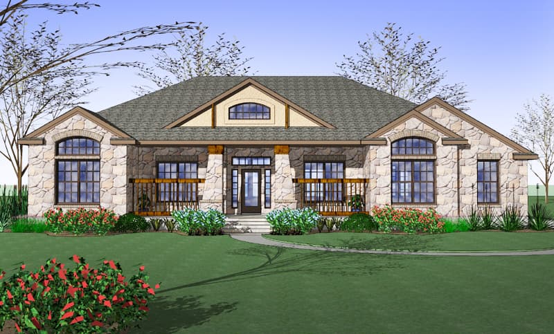 House plan exterior: Single-story stone-clad home with arched windows, a covered porch, and a prominent gable.