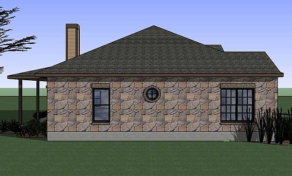 House plan exterior: single-story, stone facade, prominent chimney, and covered porch.