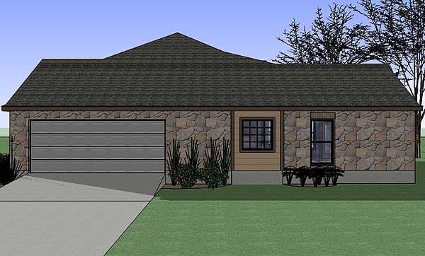 House plan exterior: Single-story home with stone facade, attached garage, and hip roof.
