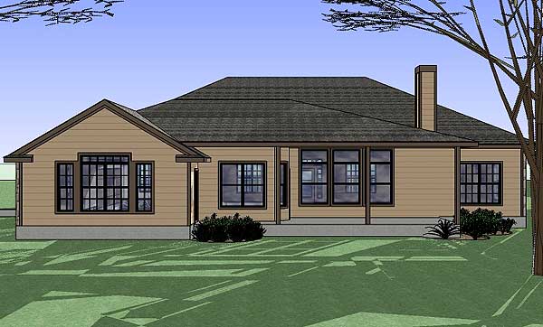 House plan exterior: Single-story ranch style with prominent gable, multiple grid windows, and a covered porch area.