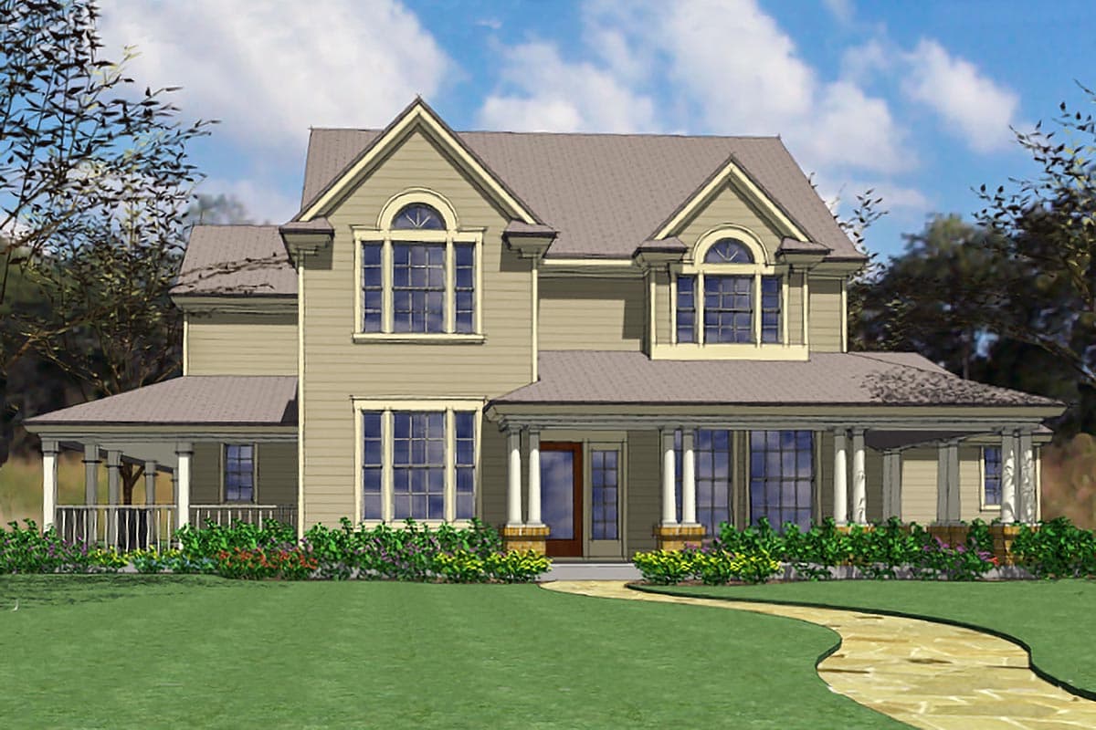 Two-story house plan exterior with wrap-around porch, gables, arched upper windows, and wide eaves.