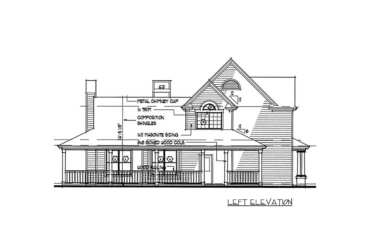 Left elevation house plan featuring a wraparound porch, dormer with arched window, and gabled rooflines with decorative vents.