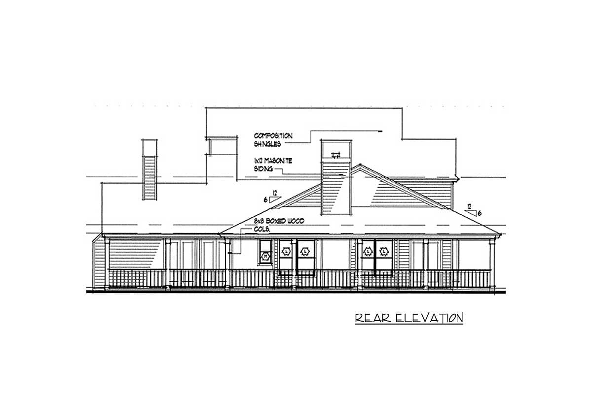 Rear elevation house plan drawing shows a 1-story house with a full-width porch, gabled rooflines, and two chimneys.