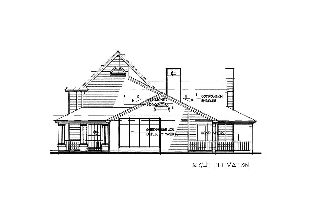 Architectural drawing, right elevation of a house plan with a gable roof, dormer window, and wood railing on the porch.