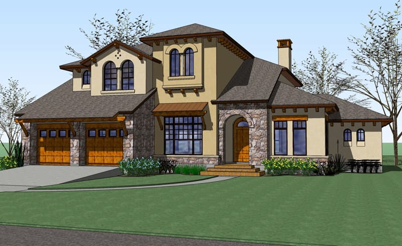 House plan exterior: Two-story Mediterranean style with stone accents, a triple garage, arched entry, and multiple gables.