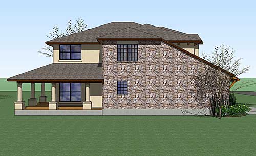 House plan exterior with a covered porch, stone facade, and multiple gables. Two stories.