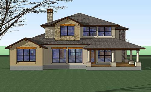 House plan exterior rendering with a prominent stone chimney, covered front porch with square columns, and multiple large windows.