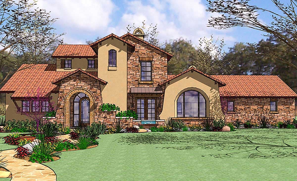 House plan exterior with Mediterranean style, multiple gables, stone facade, arched entry, and tiled roof. Two-story structure visible.