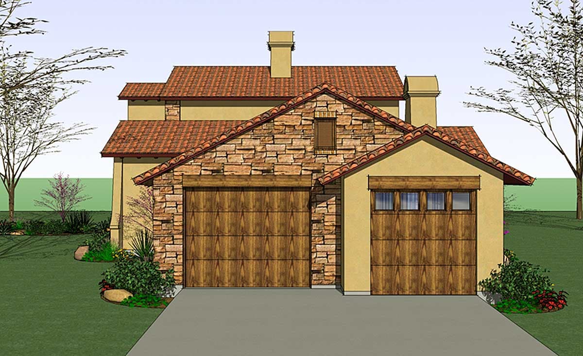 House plan exterior: Two-story home with stucco walls, tile roof, stone accents, and two attached garage bays.