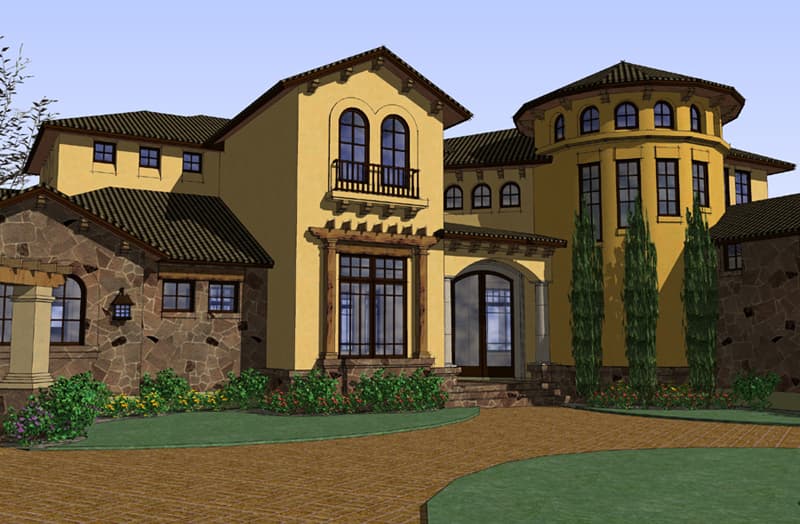House plan exterior with stone and stucco facade, multiple gables, arched windows, Juliet balcony, and circular tower with a conical roof.