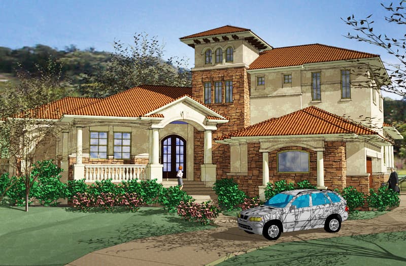 House plan exterior with Tuscan style, a prominent stone tower with arched windows, arched entry, and tile roof.