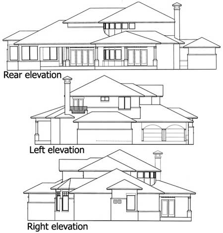 House plan rear, left, and right elevations showing multiple rooflines, windows, and garage.