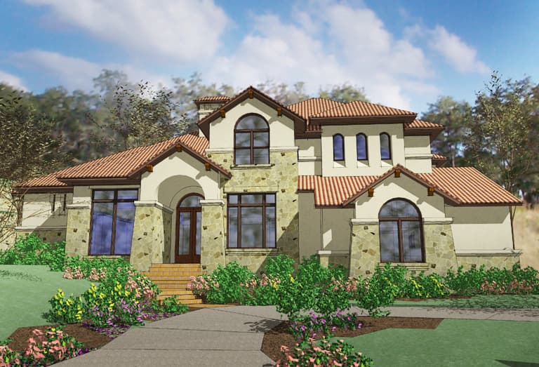 House plan exterior: Two-story Mediterranean style with stone accents, arched entryway, and tile roof.