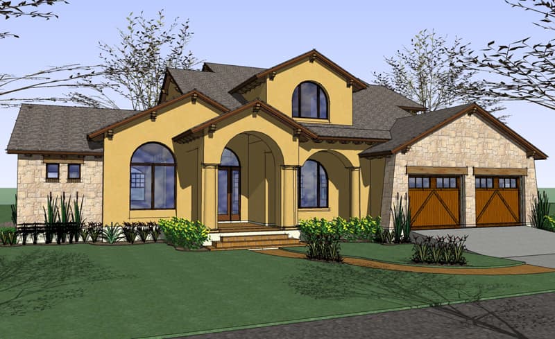 House plan exterior: Two-story home with stucco and stone, arched entryway, large arched windows, and a three-car garage.