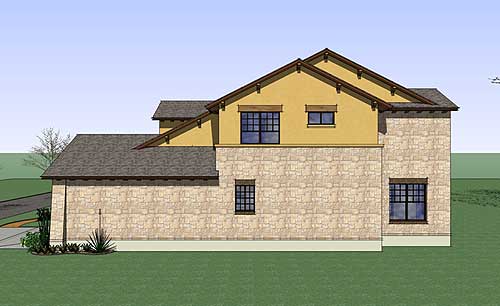 House plan exterior, two stories, stone base, stucco upper level, multiple gables, and dark-framed windows.