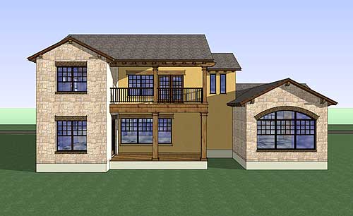 House plan exterior: Two-story home with stone accents, balcony, and arched window detail on lower extension.