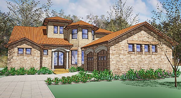 House plan exterior: Mediterranean style, stone facade, two-car garage, arched entry, tiled roof, and multiple gables.