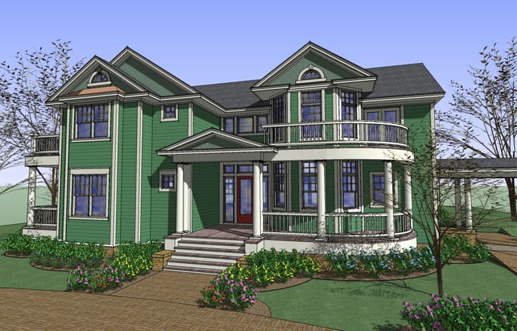 House plan exterior: Two-story home with prominent gables, bay windows, a curved second-story balcony, and a covered front porch.