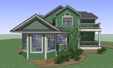 House plan exterior: Two-story green home with bay window, prominent gables, and a two-tiered wrap-around porch.