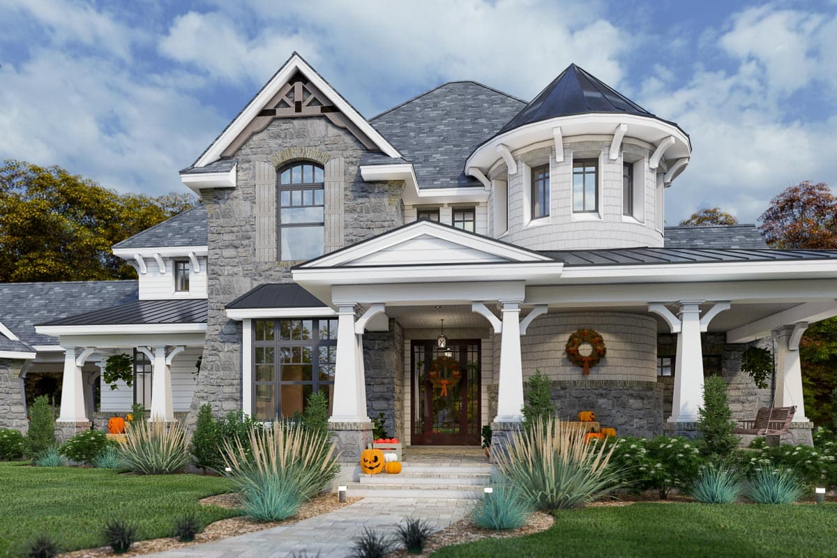 House plan exterior: Stone and shingle two-story home with covered porch, prominent gables, and a turret.