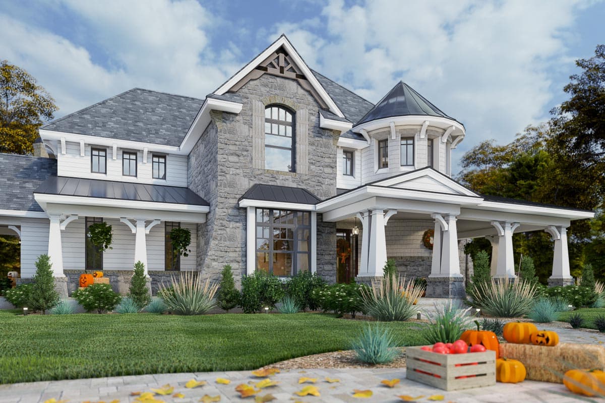 House plan exterior with stone facade, wrap-around porch, gables, dormers, and a conical turret.