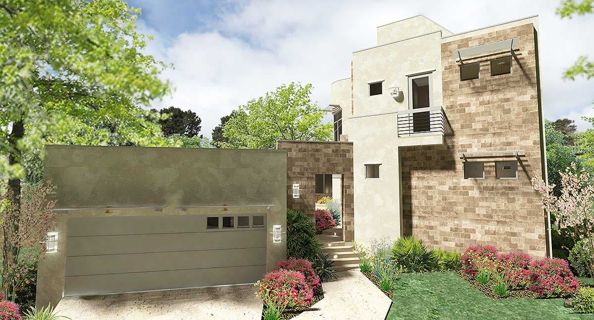 Modern house plan exterior with stucco and stone facade, attached garage, and balcony.