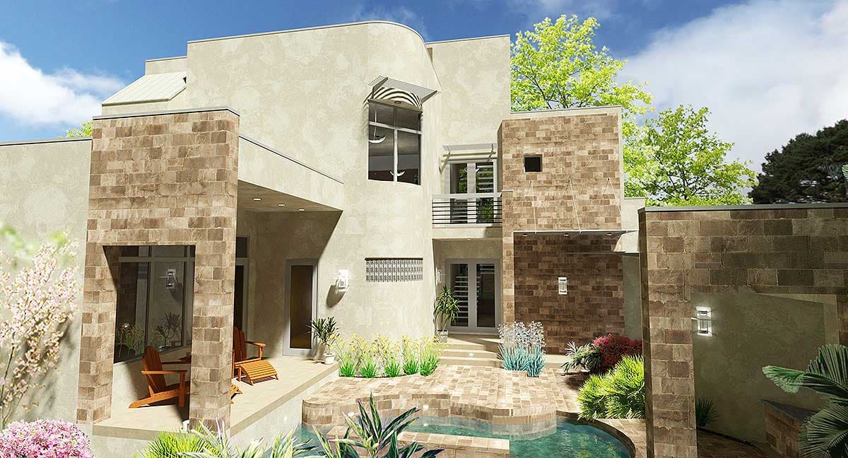 House plan exterior showing a two-story Modern style home with stucco, stone accents, balcony, and covered patio.