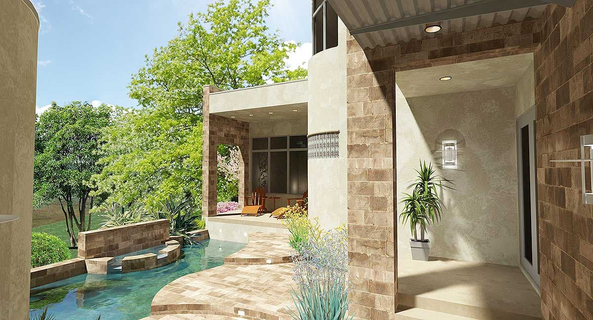 House plan exterior rendering with a curvilinear pool, brick and stucco facade, covered patio, and lush landscaping.