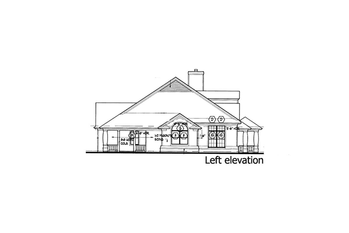 House plan left elevation with prominent gabled roof, chimney, covered porch with columns, and arched window.