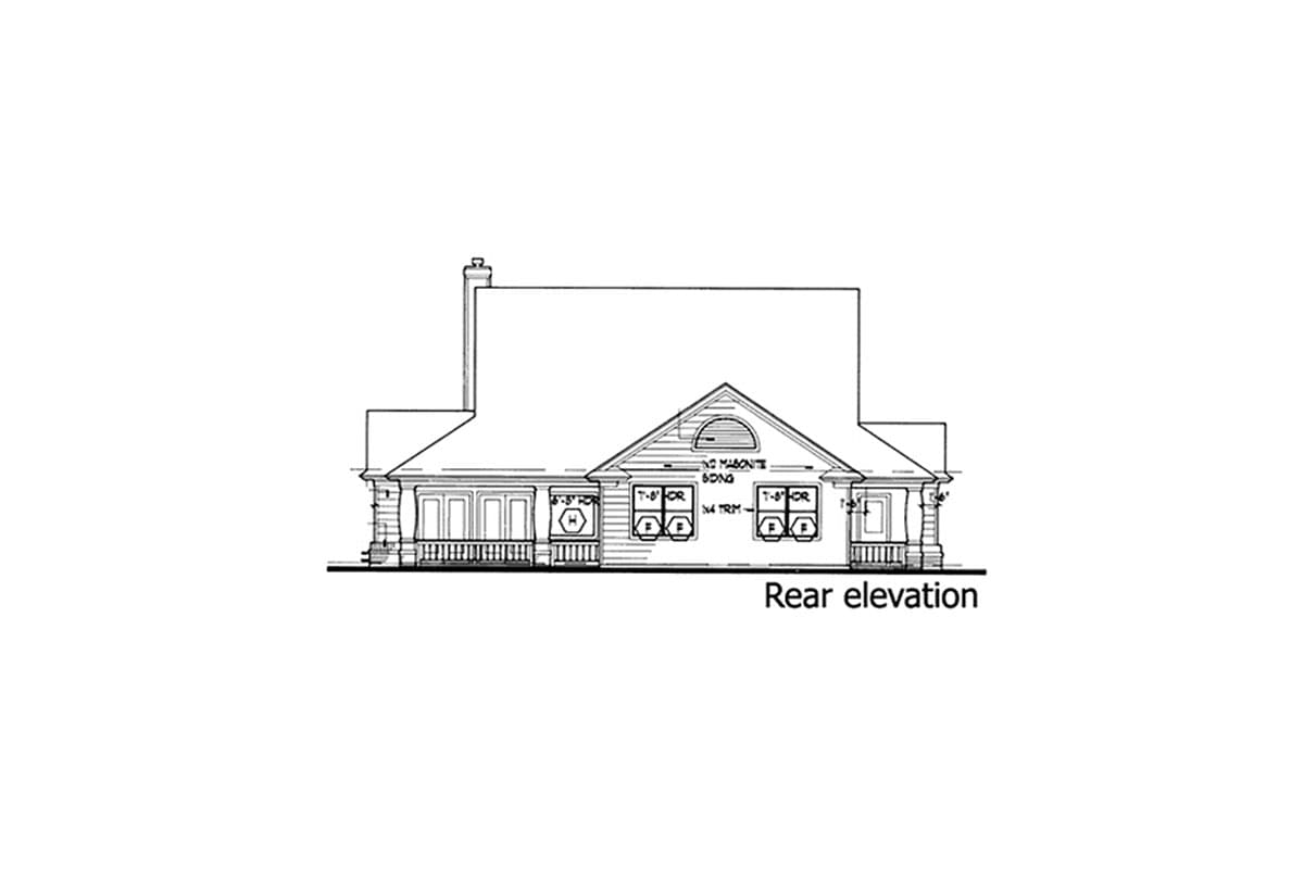 Rear elevation of a one-story house plan showing a full-width porch, gabled dormer, and chimney.