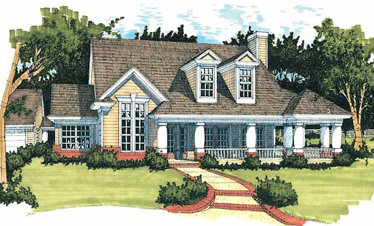 House plan exterior: One-story home with a wraparound porch, dormers, and a prominent gable over the entry.