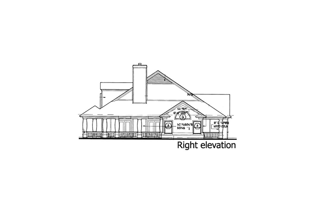 Right elevation drawing of a house with a covered porch, gables, and a prominent chimney.