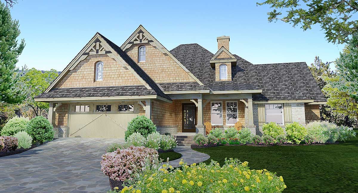 House plan exterior of a one-story home with a detached garage, featuring wood shake siding, stone accents, and multiple gables.