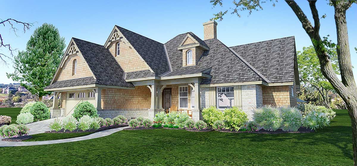 House plan exterior: Two-story home with A-frame gables, stone and shingle siding, and a covered front porch.