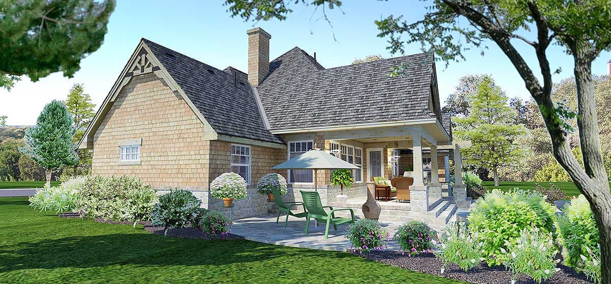 Craftsman style house plan exterior with cedar shakes, stone accents, gable with decorative truss, and covered porch.