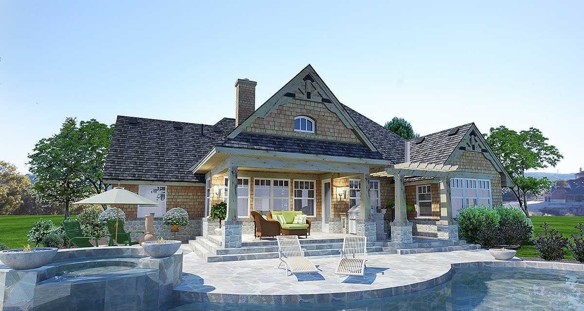Craftsman style house plan exterior with a covered porch, dormer, gabled roof, and stone chimney.