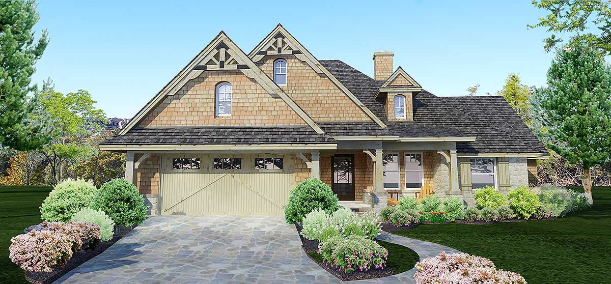 House plan exterior: Craftsman style, 1.5 stories, with cedar shingles, stone accents, dormers, and a two-car garage.